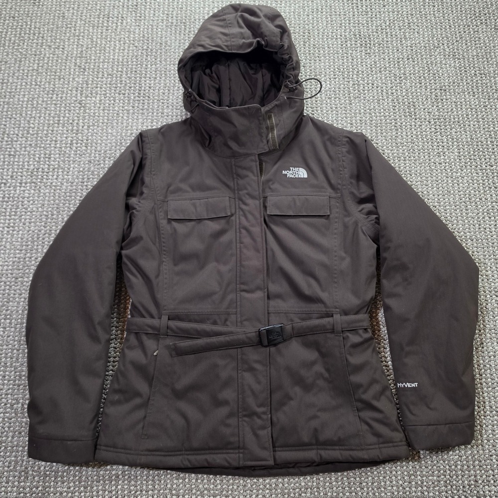The North Face HyVent Parka Jacket Womens Small Belted Insulated Brown Hooded